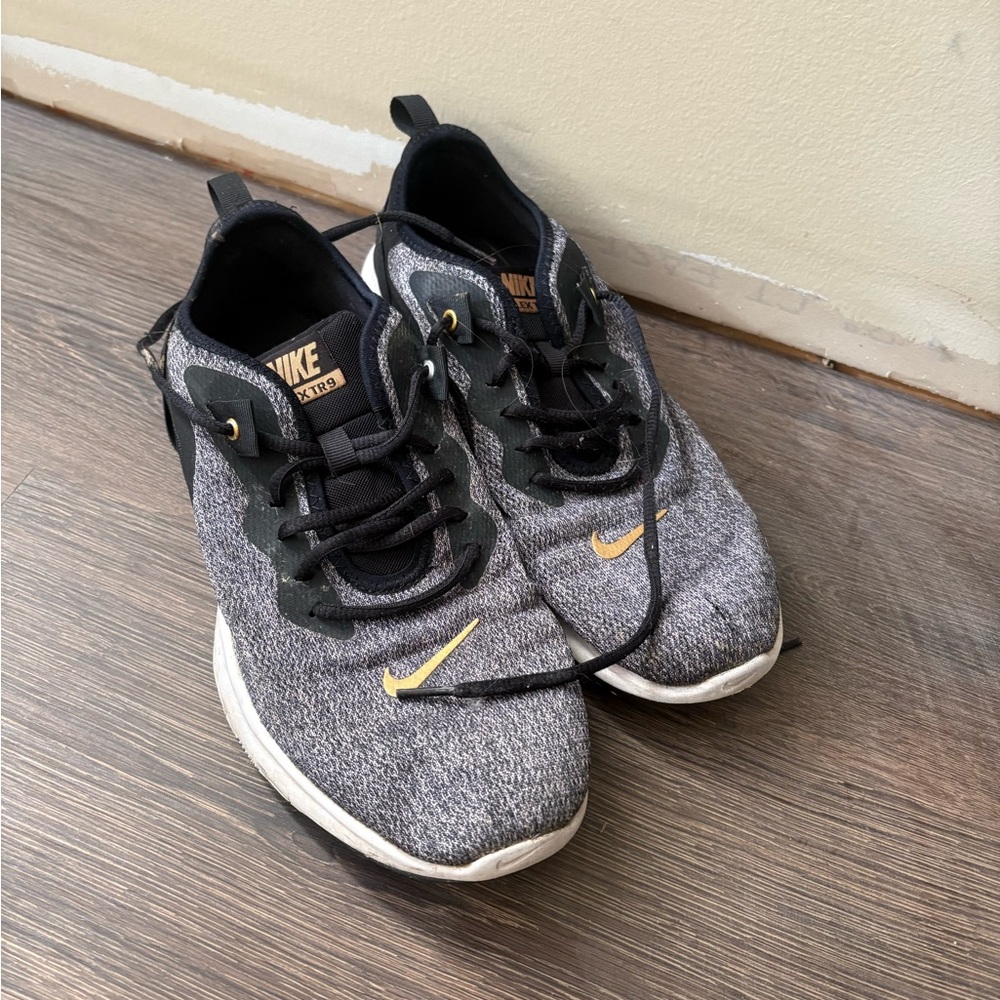 Nike Gray and Black Knit Sneakers with Yellow Swoosh